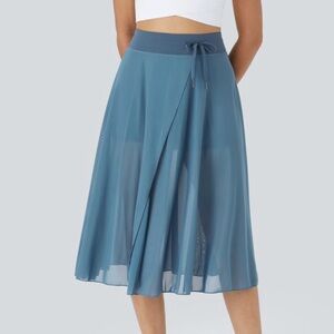 HALARA High Waisted Drawstring Contrast Mesh 2 in 1 Pocket Flowy Midi Flare